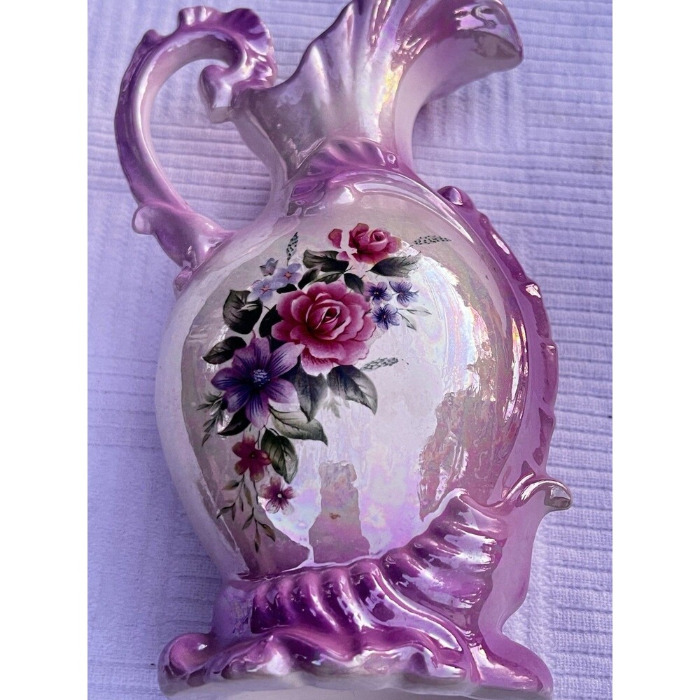 Vintage Pink Purple Ombre Iridescent Lusterware Floral Ewer Pitcher Vase 9”